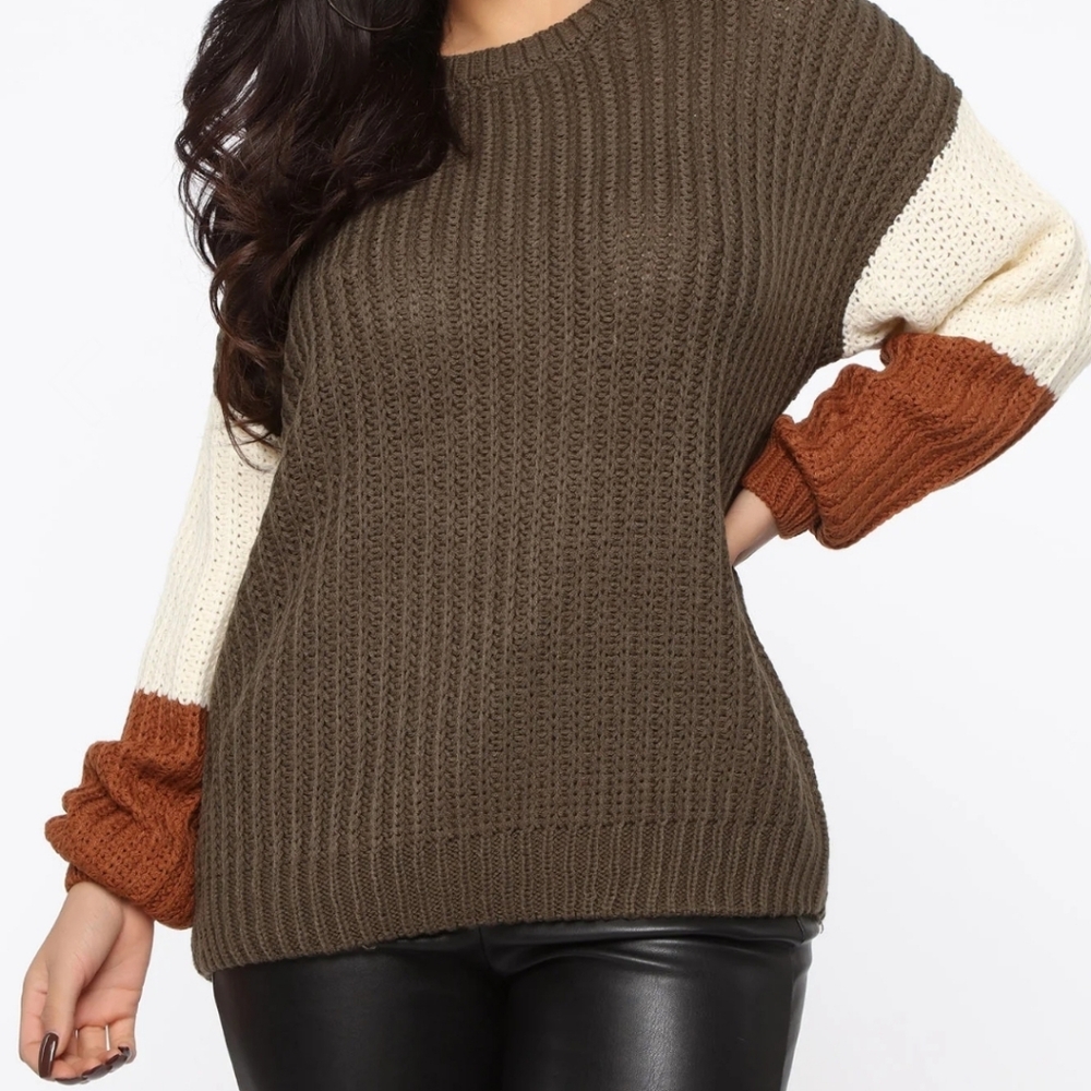 Fashion Nova Oversized Slouchy Olive Cream Brown Color Block Sweater Size Large